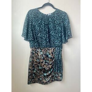 Misa Los Angeles Tanya Taylor Floral Dress Butterfly Sleeve Teal Shimmer, Sz M